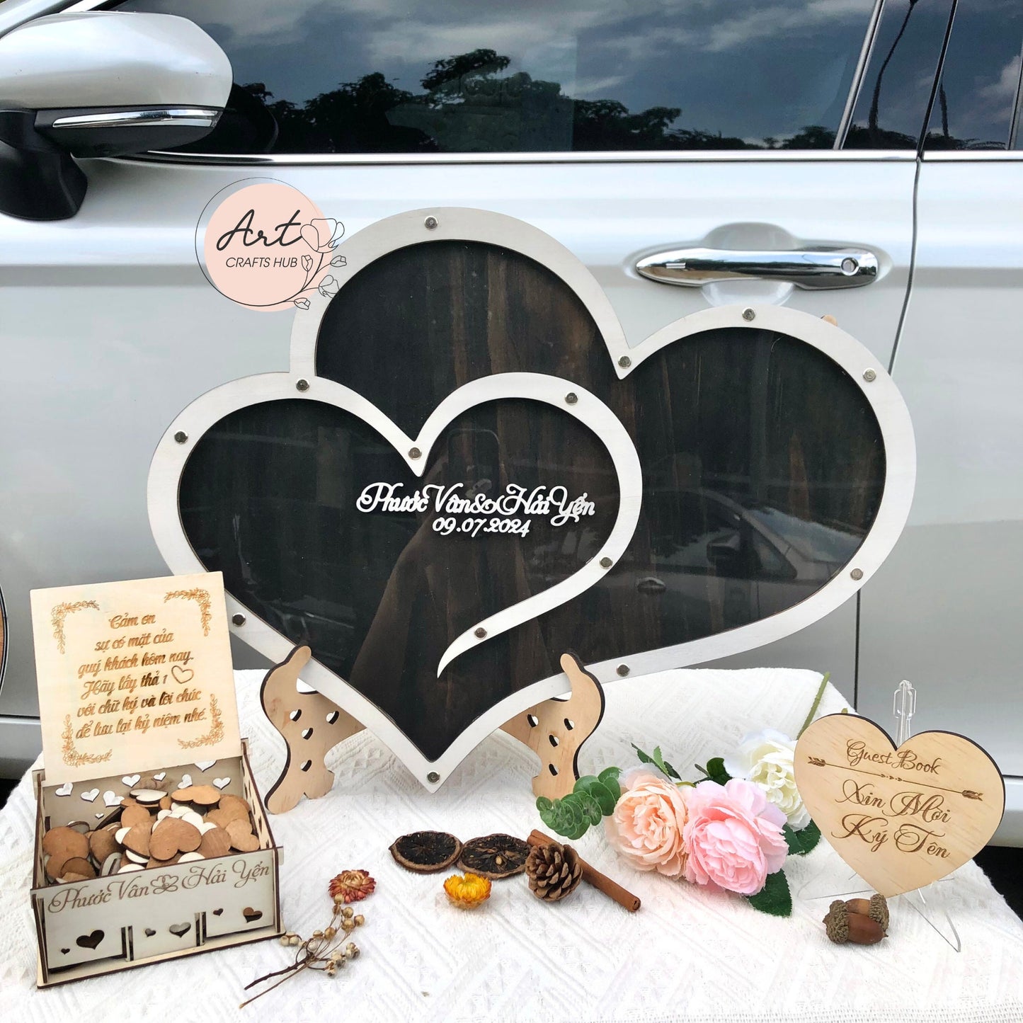 Wedding Keepsake Box, Personalized Wedding Guestbook Altenative, Double Heart Signature DropBox Frame, Rustic Wedding Decor, Anniversary Gif