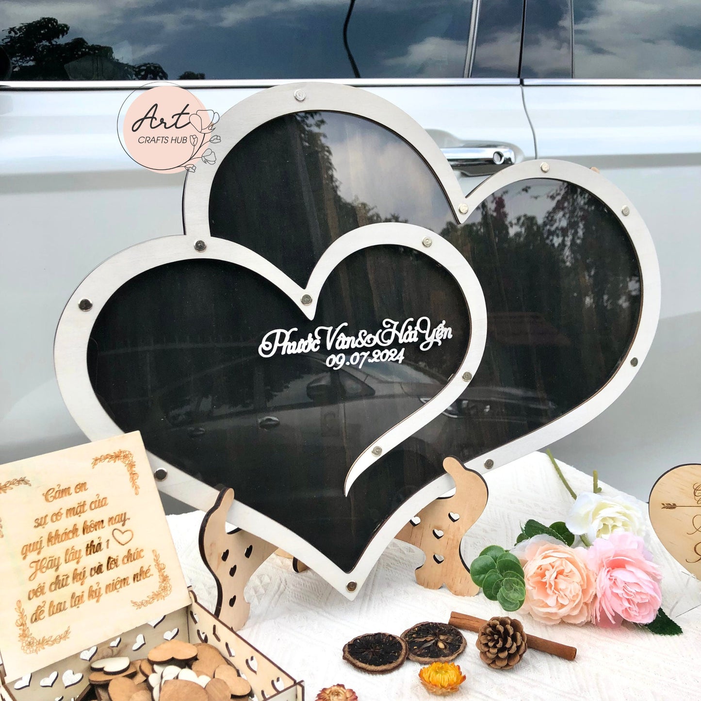 Wedding Keepsake Box, Personalized Wedding Guestbook Altenative, Double Heart Signature DropBox Frame, Rustic Wedding Decor, Anniversary Gif