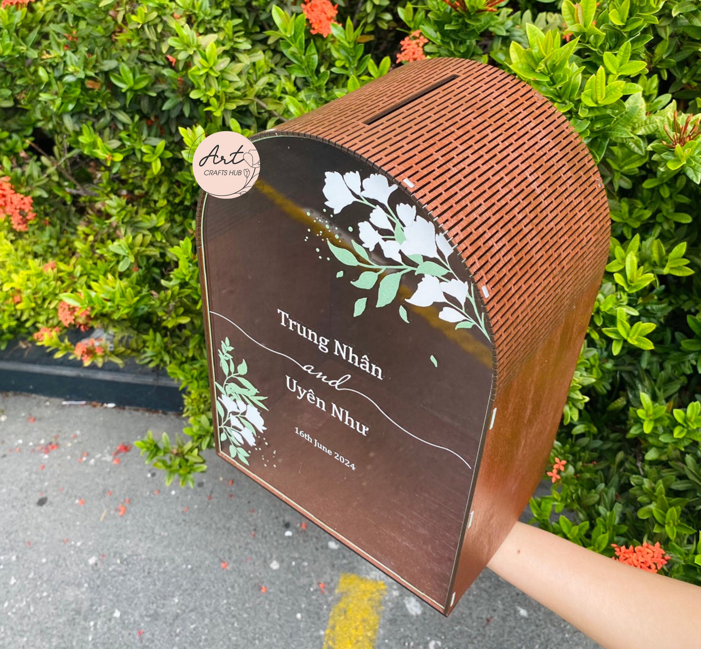 Wedding Card Box with Slot, Personalized Wooden Box for Cards and Gifts Acrylic Glass with Floral Print, Wedding Gift Box, Wedding Money Box