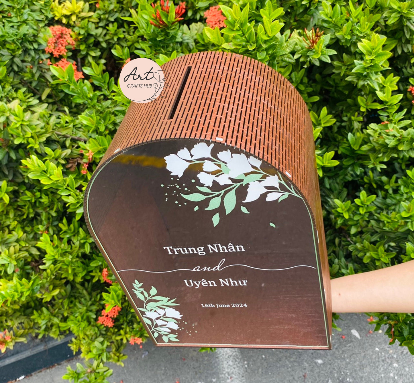 Wedding Card Box with Slot, Personalized Wooden Box for Cards and Gifts Acrylic Glass with Floral Print, Wedding Gift Box, Wedding Money Box