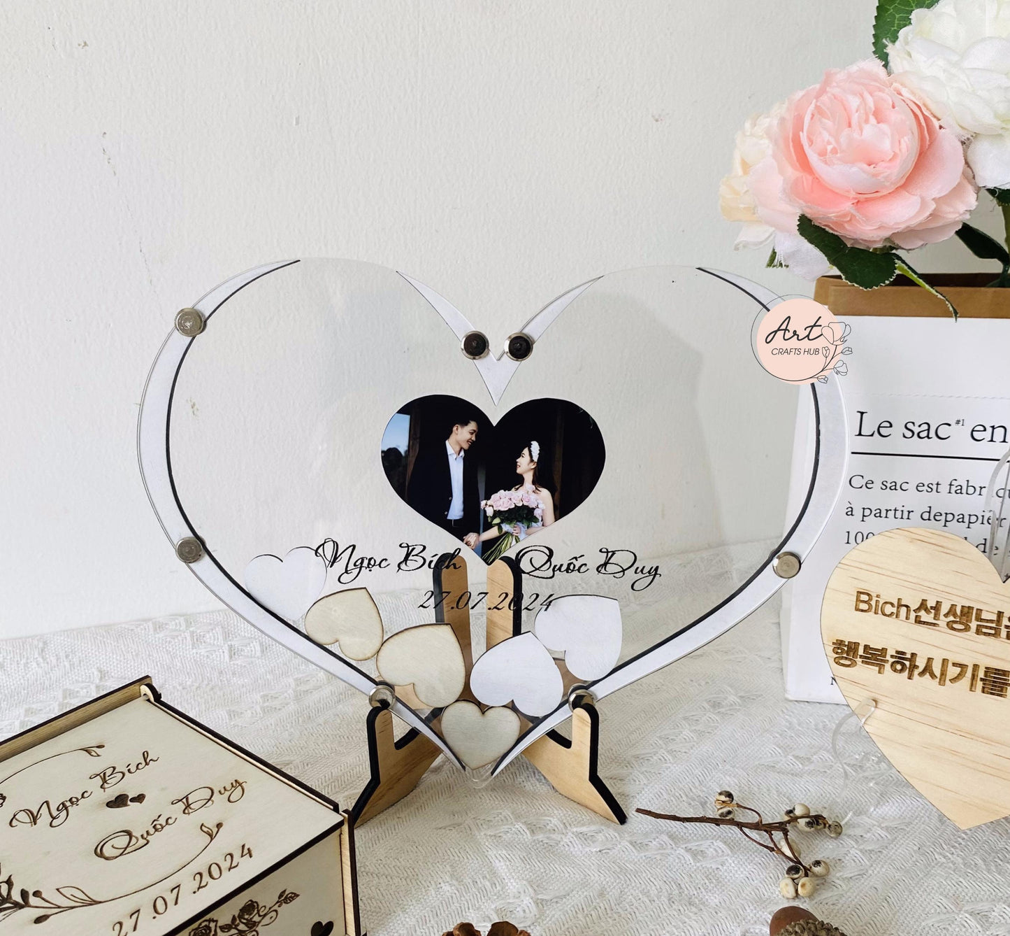 Elegant Heart Wedding Guest Book Frame with Photo Opening, Personalized Heart Wooden Drop Box Guest Book Alternative to Traditional Wedding