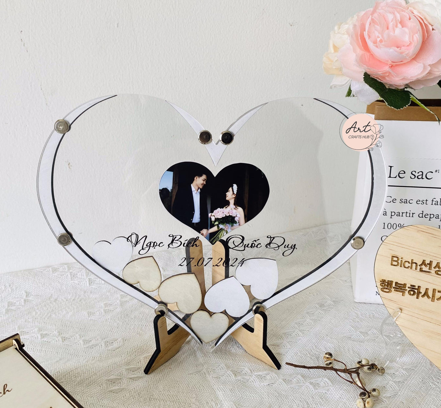 Elegant Heart Wedding Guest Book Frame with Photo Opening, Personalized Heart Wooden Drop Box Guest Book Alternative to Traditional Wedding