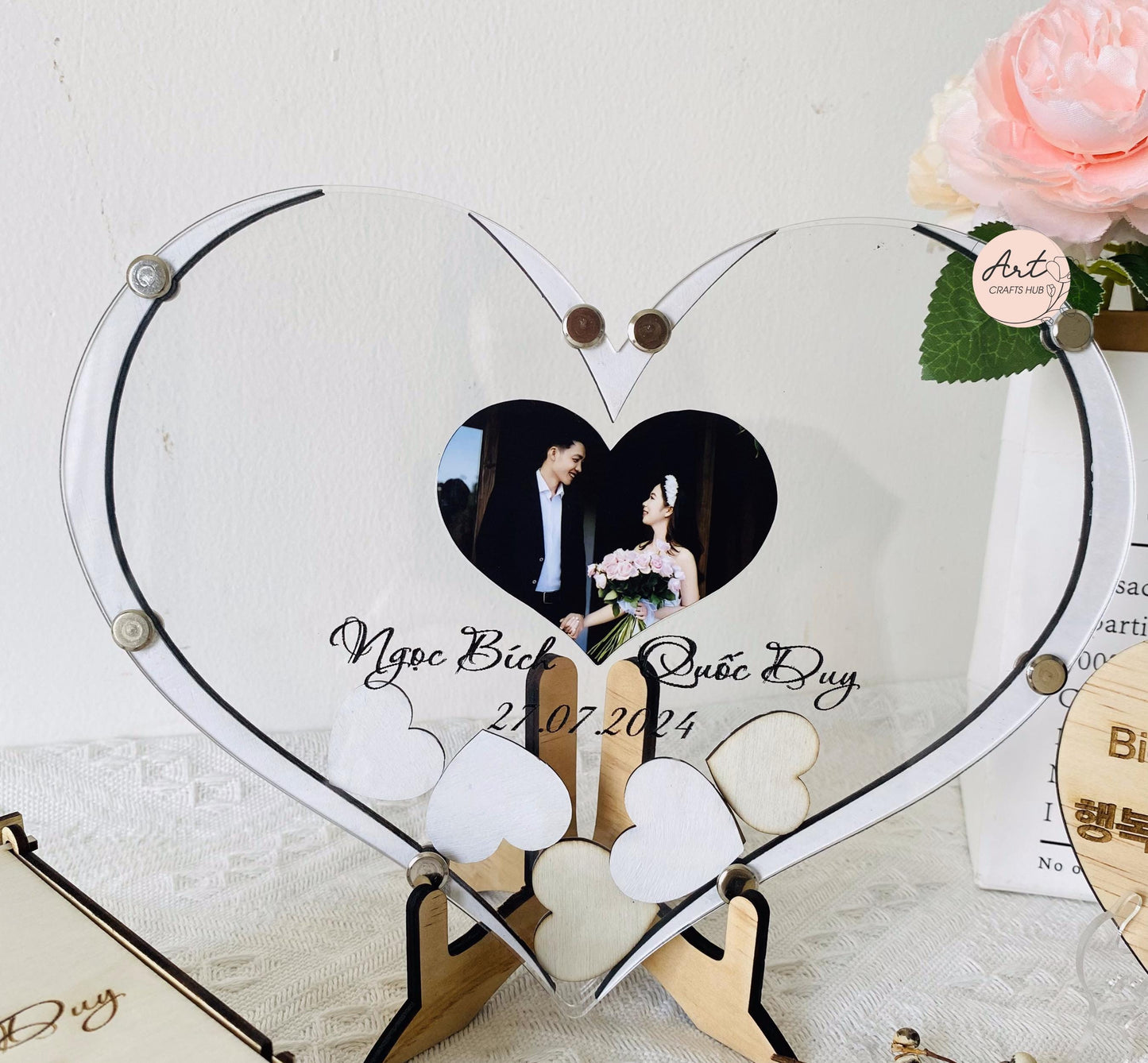 Elegant Heart Wedding Guest Book Frame with Photo Opening, Personalized Heart Wooden Drop Box Guest Book Alternative to Traditional Wedding