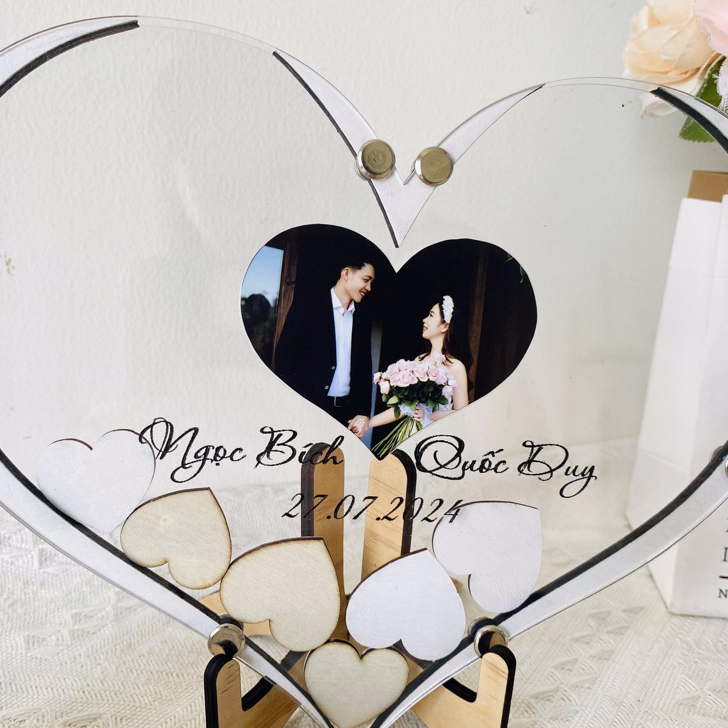 Elegant Heart Wedding Guest Book Frame with Photo Opening, Personalized Heart Wooden Drop Box Guest Book Alternative to Traditional Wedding