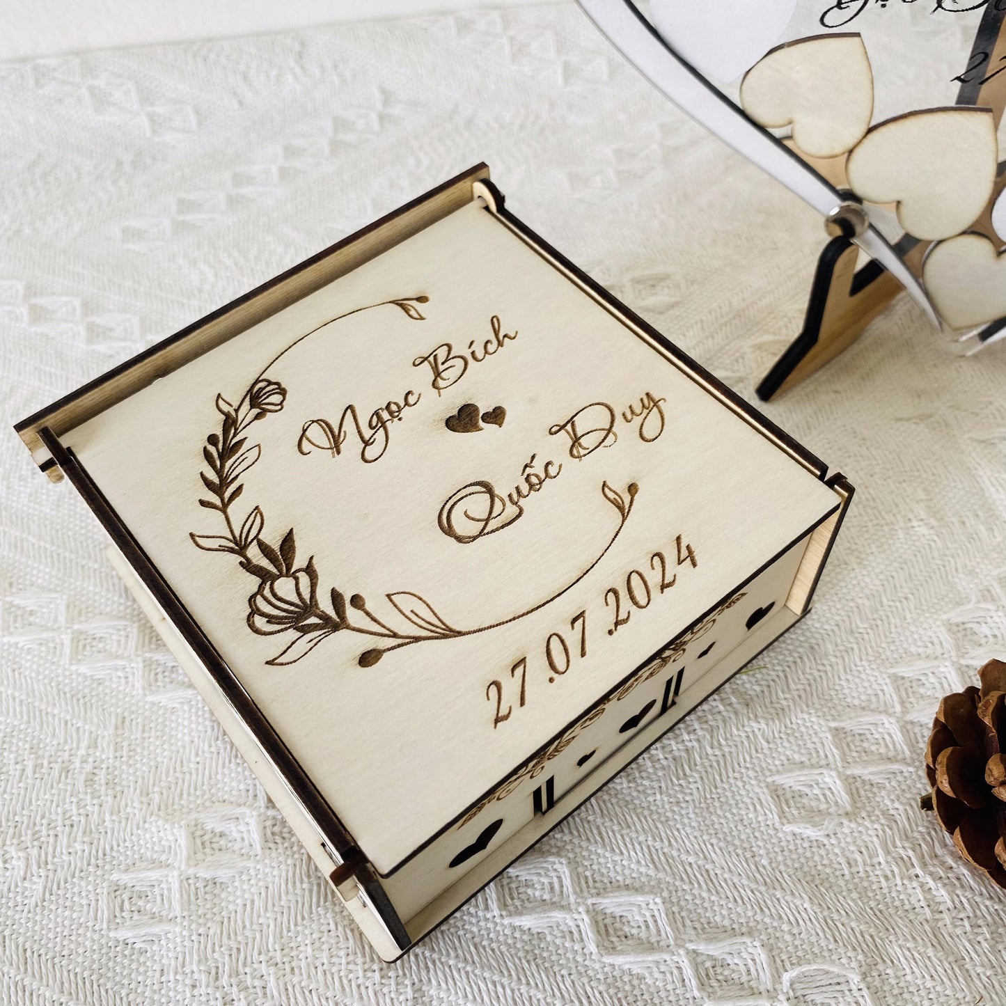 Elegant Heart Wedding Guest Book Frame with Photo Opening, Personalized Heart Wooden Drop Box Guest Book Alternative to Traditional Wedding