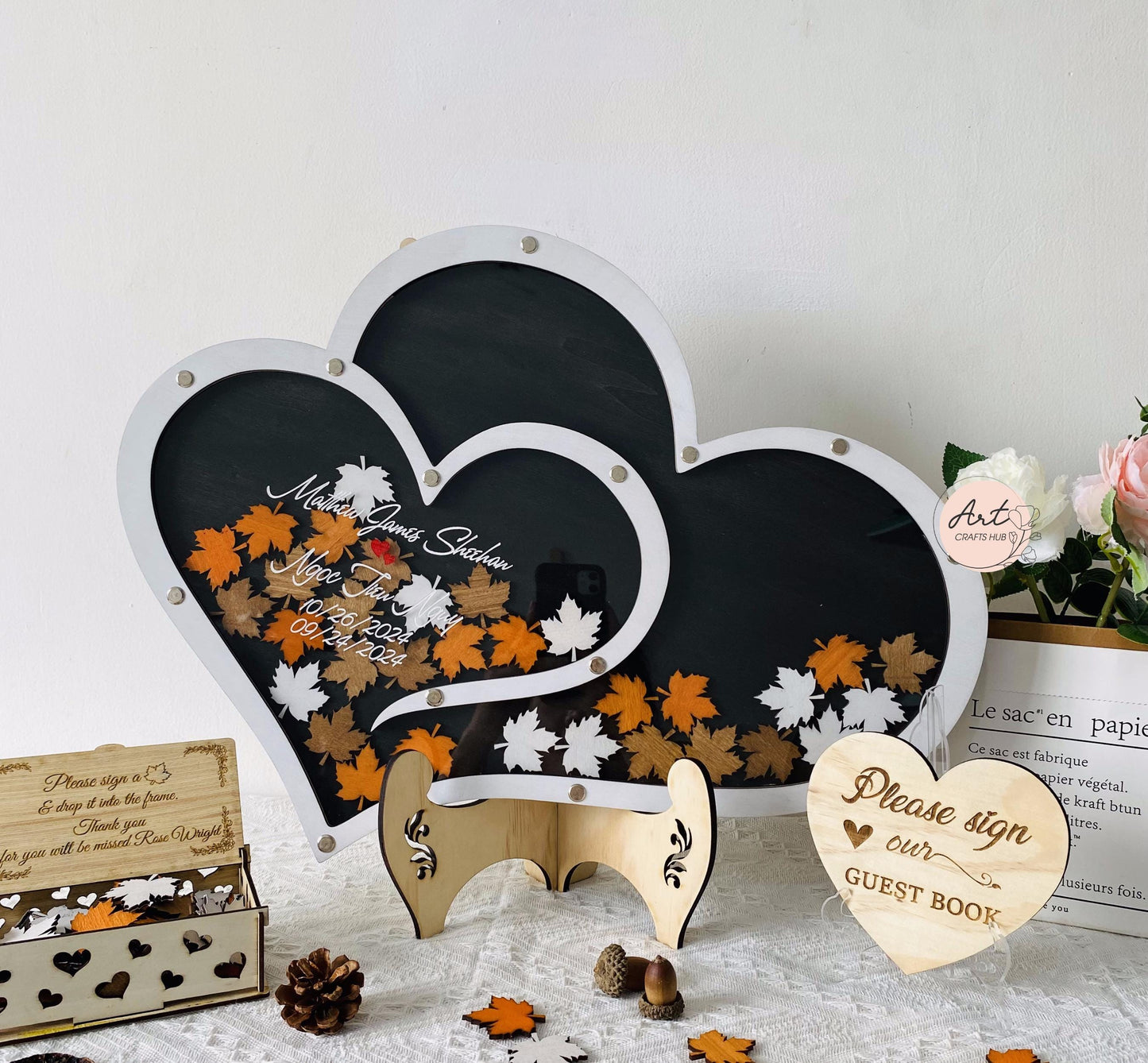 Autumn Wedding Drop Box, Wedding Guest Book Alternative Hearts of Maple Leaves, Fall Magnetic Wedding Guest Book, Fall Wedding Decor