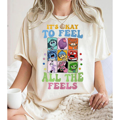 Funny Inside Out Inspired T-Shirt, It’s Okay to Feel All the Feels Graphic Tee, Emotion-Themed Shirt for Kids and Adults Who Love Animated Movies