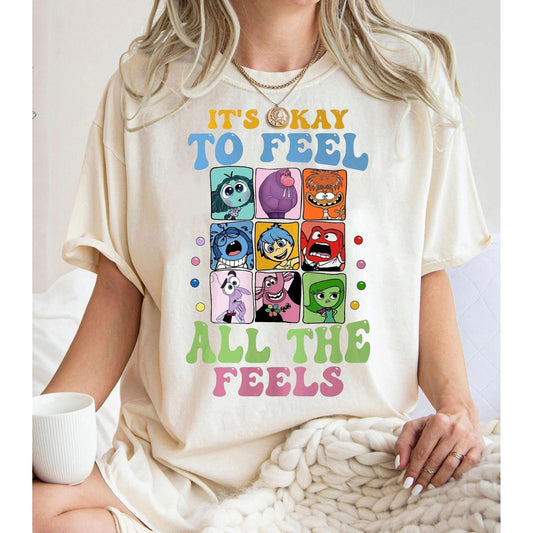 Funny Inside Out Inspired T-Shirt, It’s Okay to Feel All the Feels Graphic Tee, Emotion-Themed Shirt for Kids and Adults Who Love Animated Movies