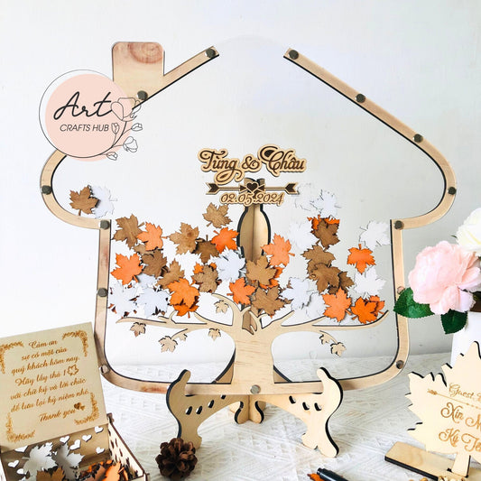 Fall Magnetic Wedding Guest Book, Wedding Guest Book Alternative, Tree of Maple Leaves Fall Wedding Theme, Mushroom House Wooden Drop Box