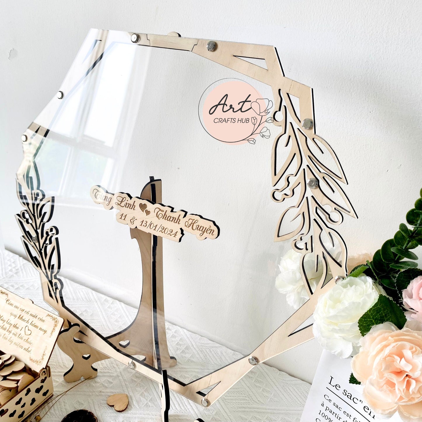 Transparent Hexagon Wedding Guest Book Alternative with Heart Accents. Clear Signage for a Unique Wedding Experience