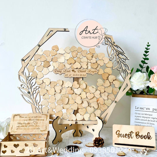 Transparent Hexagon Wedding Guest Book Alternative with Heart Accents. Clear Signage for a Unique Wedding Experience