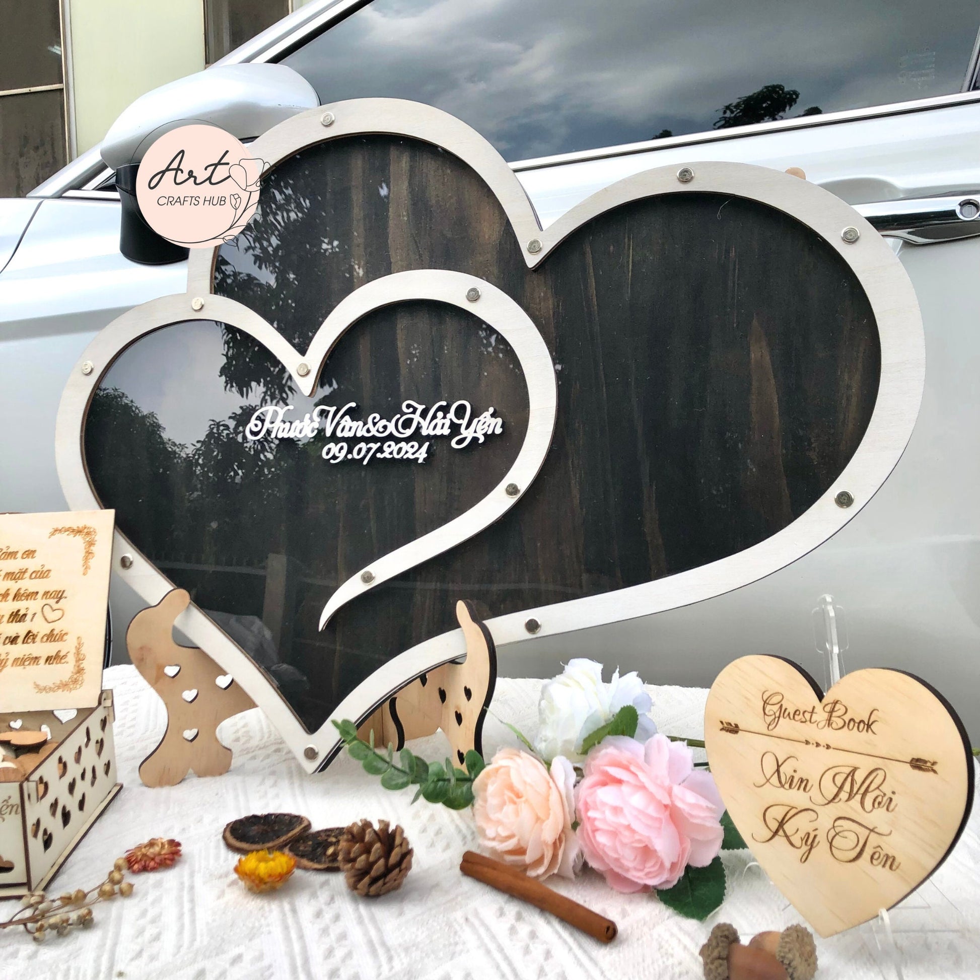 Wedding Keepsake Box, Personalized Wedding Guestbook Altenative, Double Heart Signature DropBox Frame, Rustic Wedding Decor, Anniversary Gif