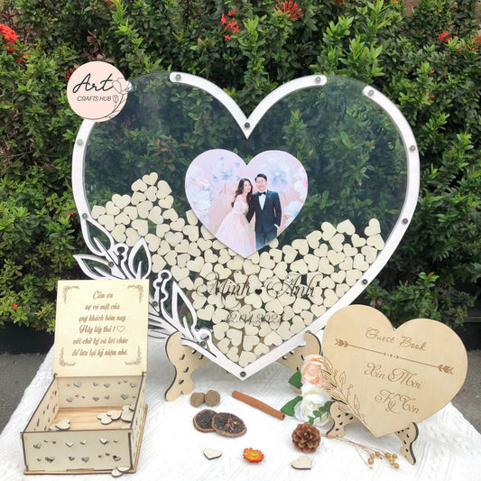 Signing Heart Wedding Guestbook Alternative: White Heart-Shaped Wedding Guestbook with Leaf Pattern, Wedding Guest Book with Photo Frame