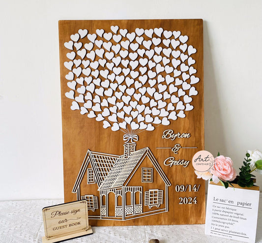 Up House With Hearts Wedding Guest Book Alternative, Custom Wedding Guest Book Sign in 3D Hearts, Rustic Wedding, Personalized Wedding Gift